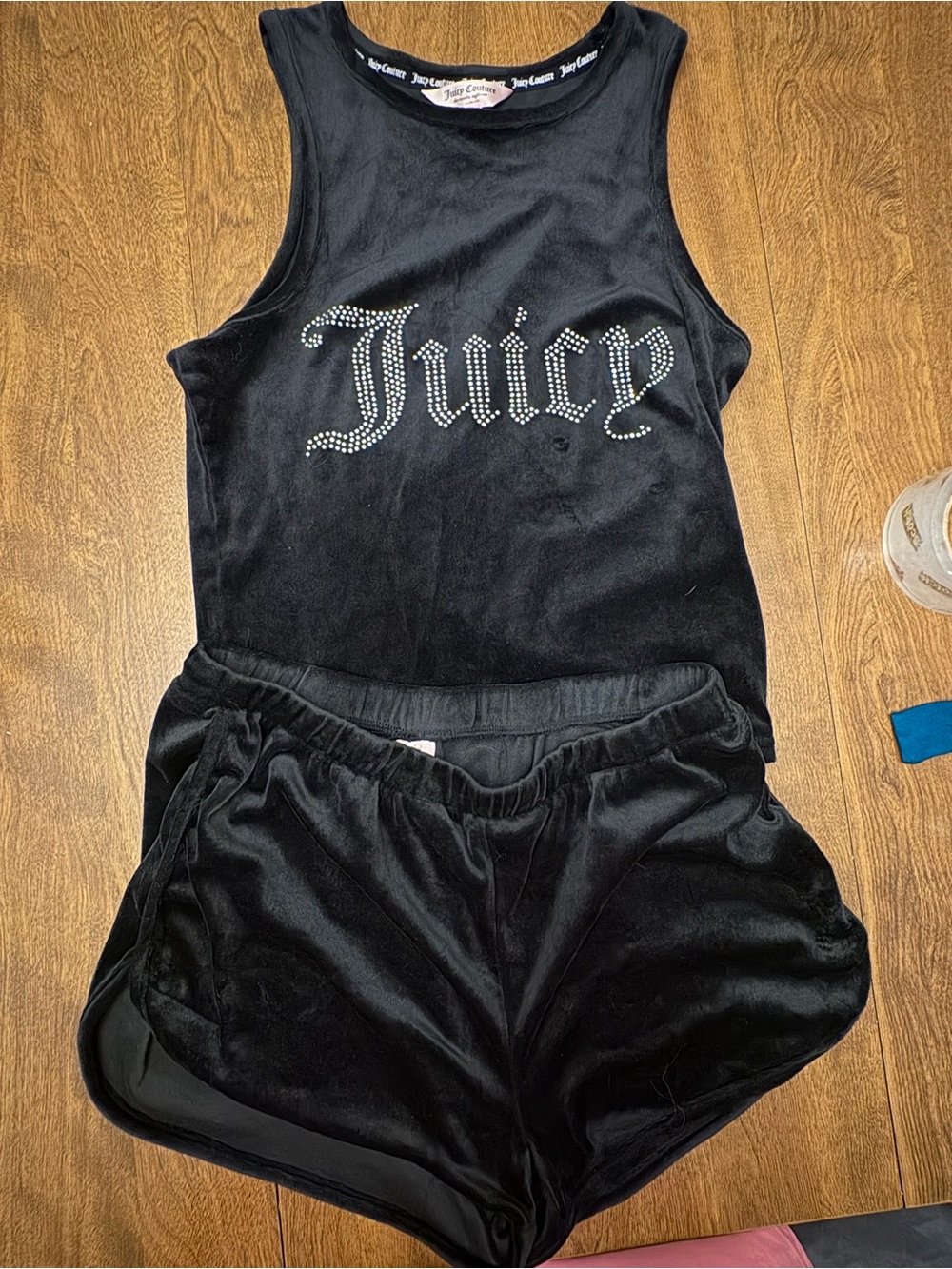 Juicy Couture Black Velour Rhinestone 'Juicy' Tank and Shorts Lounge Set